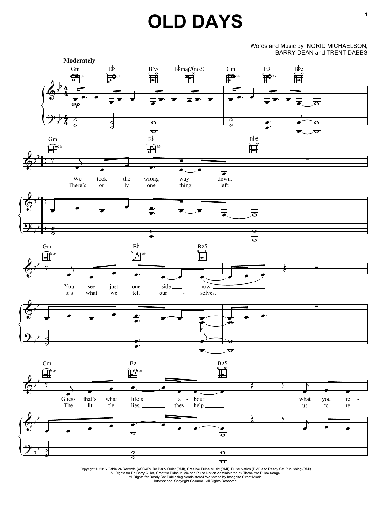 Learn to play Ingrid Michaelson Old Days sheet music for Piano, Vocal & Guitar Chords (Right-Hand Melody) in minutes. Price: 7.8900$ Ingrid Michaelson Old Days sheet music notes and chords arranged for Piano, Vocal & Guitar Chords (Right-Hand Melody)