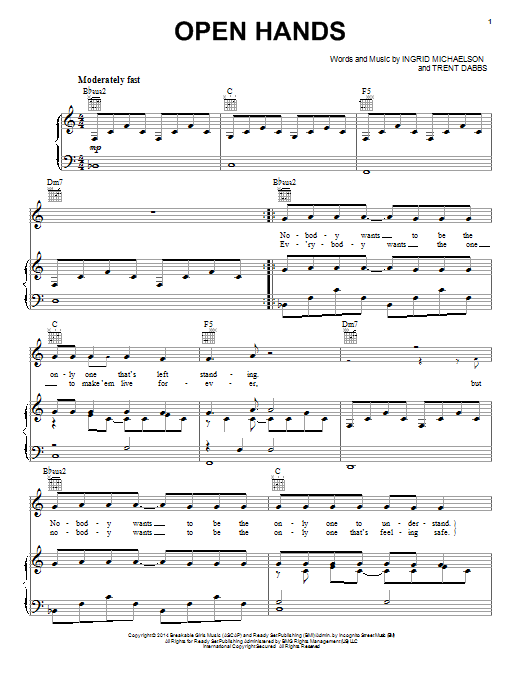 Learn to play Ingrid Michaelson Open Hands sheet music for Piano, Vocal & Guitar Chords (Right-Hand Melody) in minutes. Price: 7.8900$ Ingrid Michaelson Open Hands sheet music notes and chords arranged for Piano, Vocal & Guitar Chords (Right-Hand Melody)