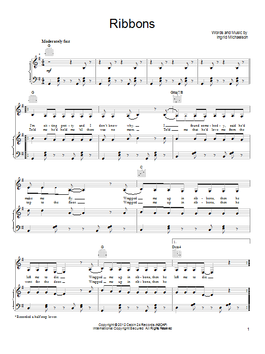 Learn to play Ingrid Michaelson Ribbons sheet music for Piano, Vocal & Guitar Chords (Right-Hand Melody) in minutes. Price: 7.8900$ Ingrid Michaelson Ribbons sheet music notes and chords arranged for Piano, Vocal & Guitar Chords (Right-Hand Melody)