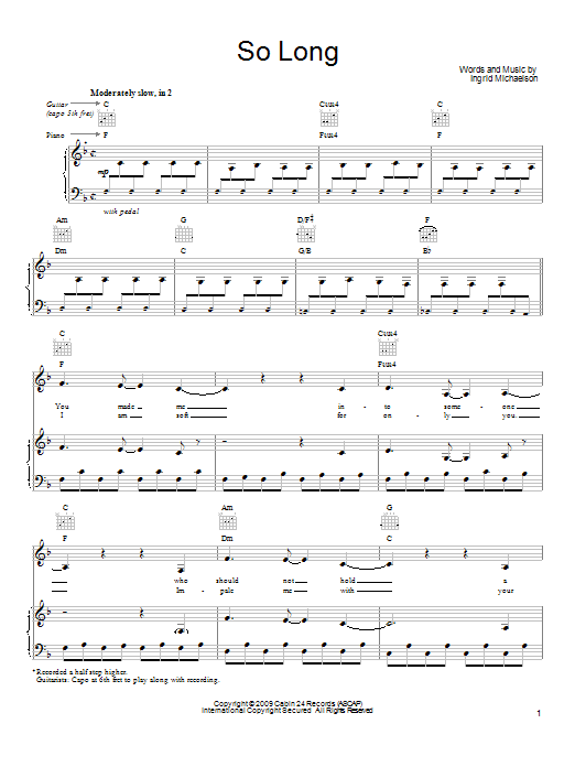 Learn to play Ingrid Michaelson So Long sheet music for Ukulele Chords/Lyrics in minutes. Price: 4.4900$ Ingrid Michaelson So Long sheet music notes and chords arranged for Ukulele Chords/Lyrics