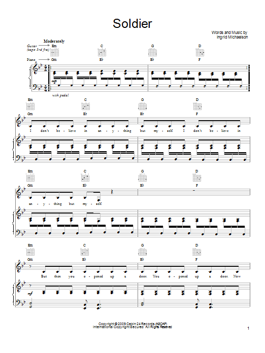 Learn to play Ingrid Michaelson Soldier sheet music for Ukulele Chords/Lyrics in minutes. Price: 4.4900$ Ingrid Michaelson Soldier sheet music notes and chords arranged for Ukulele Chords/Lyrics