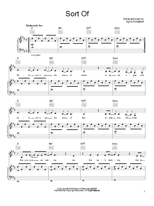 Learn to play Ingrid Michaelson Sort Of sheet music for Piano, Vocal & Guitar Chords (Right-Hand Melody) in minutes. Price: 7.8900$ Ingrid Michaelson Sort Of sheet music notes and chords arranged for Piano, Vocal & Guitar Chords (Right-Hand Melody)