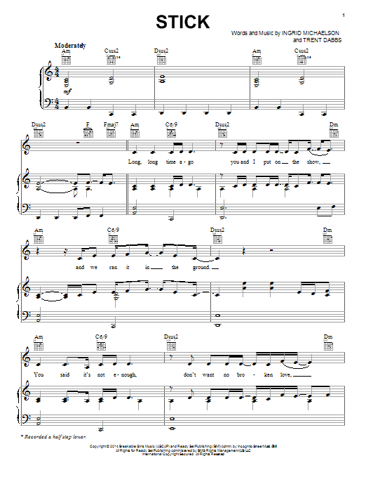 Learn to play Ingrid Michaelson Stick sheet music for Piano, Vocal & Guitar Chords (Right-Hand Melody) in minutes. Price: 7.8900$ Ingrid Michaelson Stick sheet music notes and chords arranged for Piano, Vocal & Guitar Chords (Right-Hand Melody)