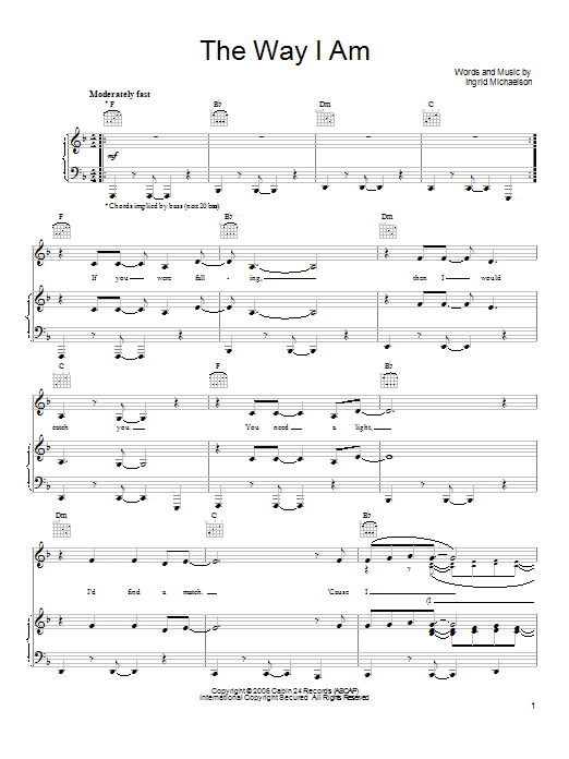 Ingrid Michaelson The Way I Am sheet music notes and chords. Download Printable PDF.