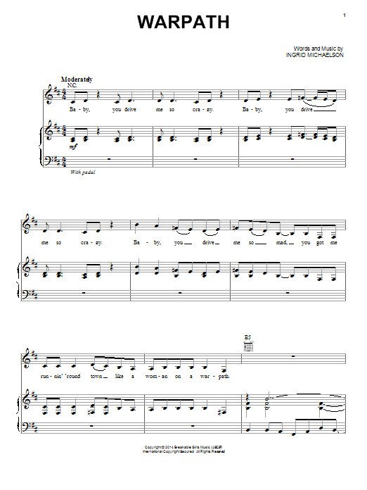 Learn to play Ingrid Michaelson Warpath sheet music for Piano, Vocal & Guitar Chords (Right-Hand Melody) in minutes. Price: 7.8900$ Ingrid Michaelson Warpath sheet music notes and chords arranged for Piano, Vocal & Guitar Chords (Right-Hand Melody)