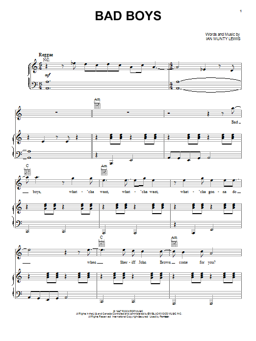 Learn to play Inner Circle Bad Boys sheet music for Piano, Vocal & Guitar Chords (Right-Hand Melody) in minutes. Price: 7.8900$ Inner Circle Bad Boys sheet music notes and chords arranged for Piano, Vocal & Guitar Chords (Right-Hand Melody)