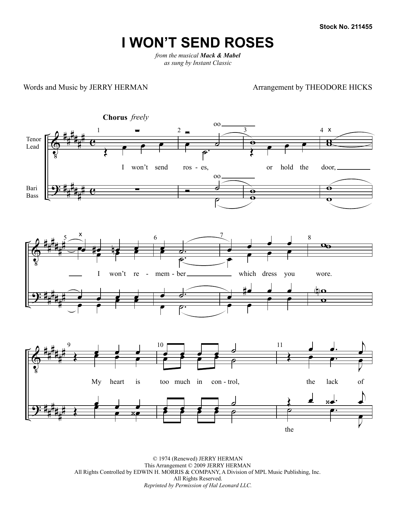 Instant Classic I Won't Send Roses (from Mack & Mabel) (arr. Theodore Hicks) sheet music notes and chords. Download Printable PDF.