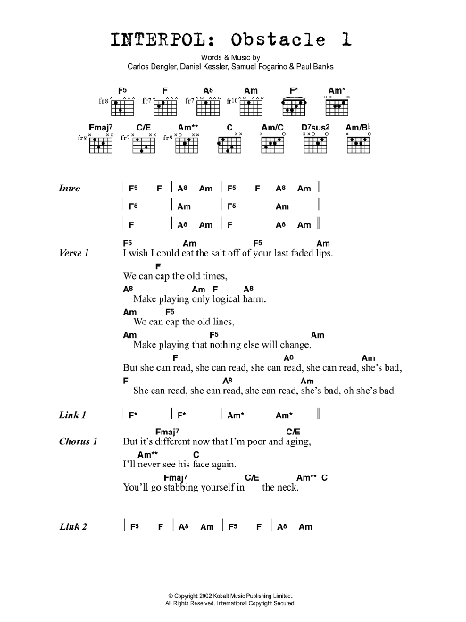 Interpol Obstacle 1 sheet music notes and chords. Download Printable PDF.