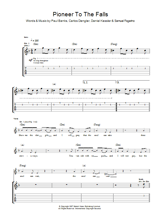 Learn to play Interpol Pioneer To The Falls sheet music for Guitar Tab in minutes. Price: 7.8900$ Interpol Pioneer To The Falls sheet music notes and chords arranged for Guitar Tab