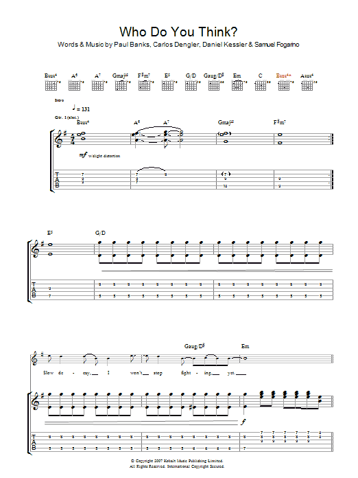 Learn to play Interpol Who Do You Think sheet music for Guitar Tab in minutes. Price: 7.8900$ Interpol Who Do You Think sheet music notes and chords arranged for Guitar Tab