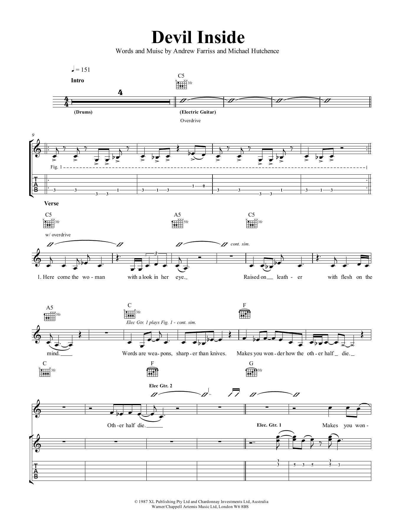 INXS Devil Inside sheet music notes and chords. Download Printable PDF.