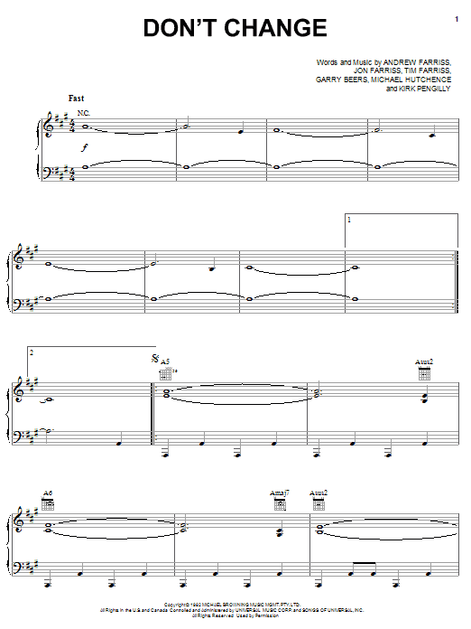 INXS Don't Change sheet music notes and chords. Download Printable PDF.