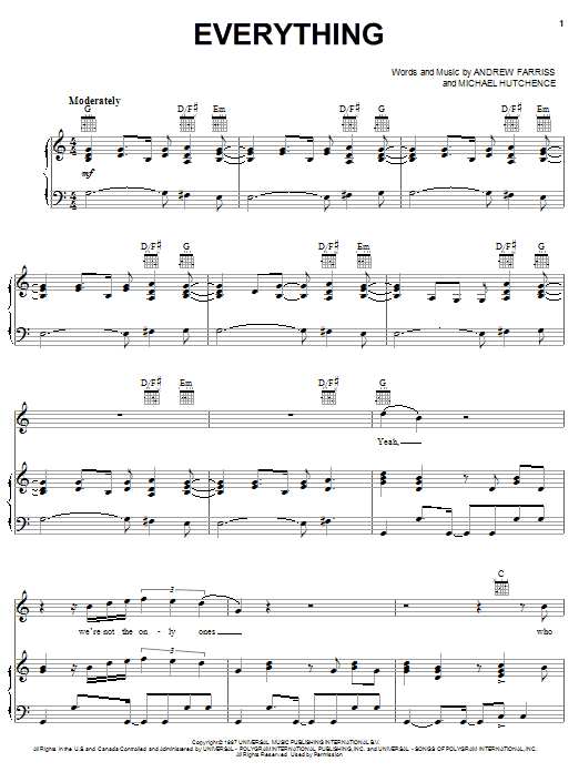 Learn to play INXS Everything sheet music for Piano, Vocal & Guitar Chords (Right-Hand Melody) in minutes. Price: 7.8900$ INXS Everything sheet music notes and chords arranged for Piano, Vocal & Guitar Chords (Right-Hand Melody)