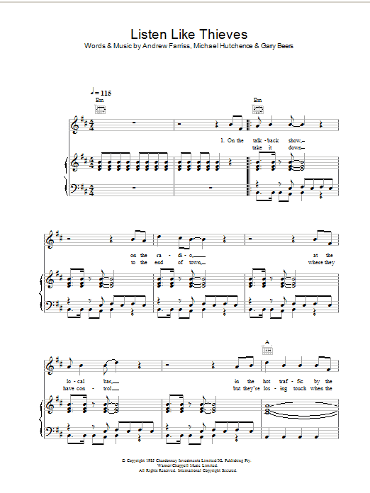 Learn to play INXS Listen Like Thieves sheet music for Piano, Vocal & Guitar Chords in minutes. Price: 7.8900$ INXS Listen Like Thieves sheet music notes and chords arranged for Piano, Vocal & Guitar Chords