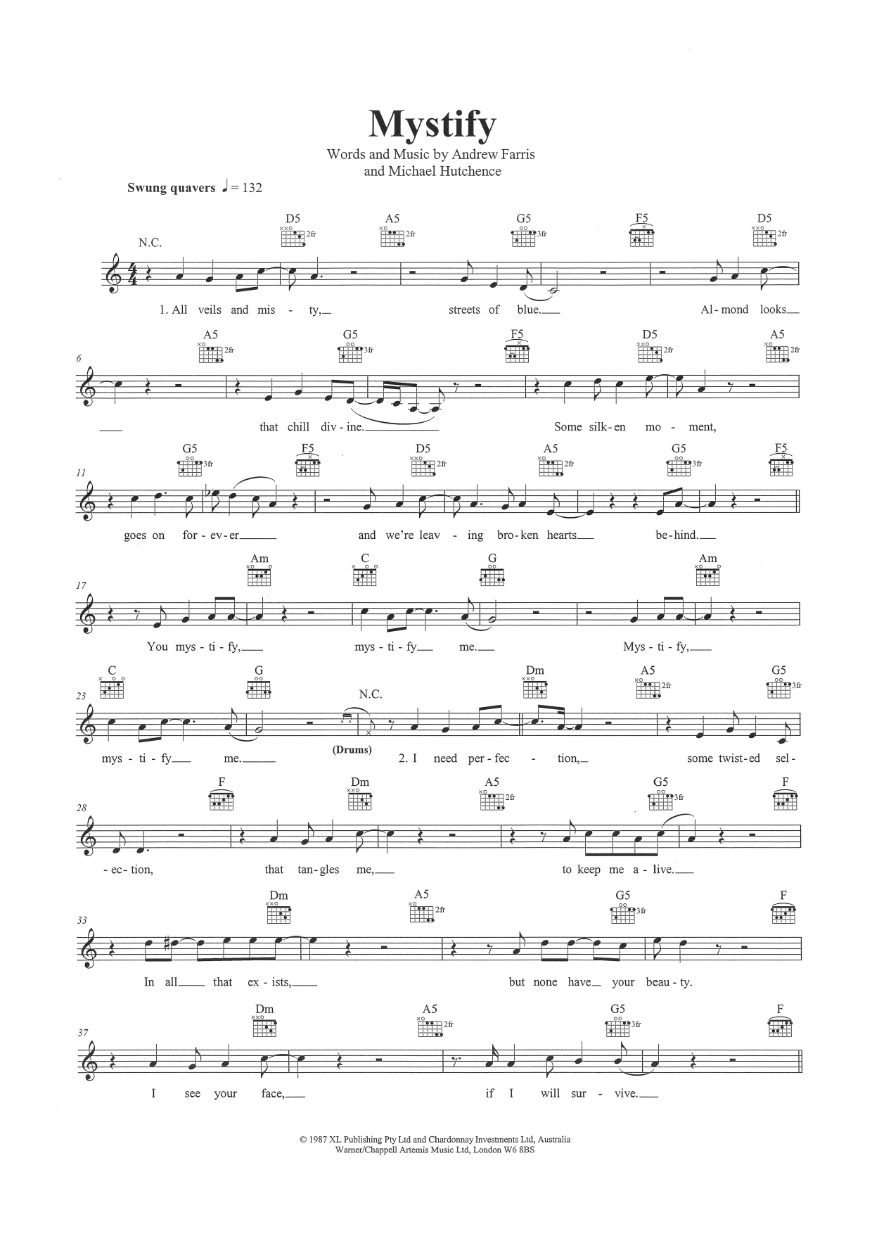 Learn to play INXS Mystify sheet music for Lead Sheet / Fake Book in minutes. Price: 3.9900$ INXS Mystify sheet music notes and chords arranged for Lead Sheet / Fake Book