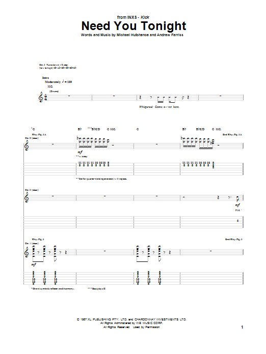 INXS Need You Tonight sheet music notes and chords. Download Printable PDF.