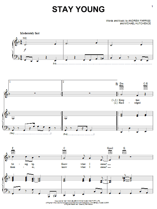 INXS Stay Young sheet music notes and chords arranged for Piano, Vocal & Guitar Chords (Right-Hand Melody)