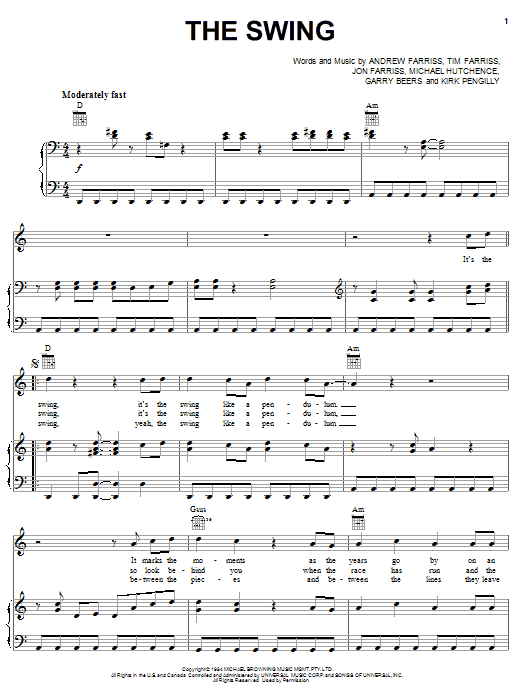 Learn to play INXS The Swing sheet music for Piano, Vocal & Guitar Chords (Right-Hand Melody) in minutes. Price: 7.8900$ INXS The Swing sheet music notes and chords arranged for Piano, Vocal & Guitar Chords (Right-Hand Melody)
