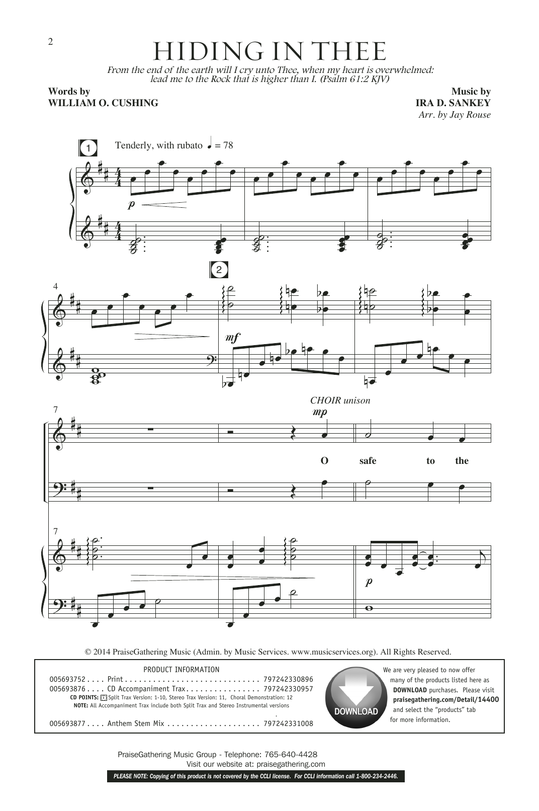 Ira D. Sankey Hiding In Thee (arr. Jay Rouse) sheet music notes and chords. Download Printable PDF.