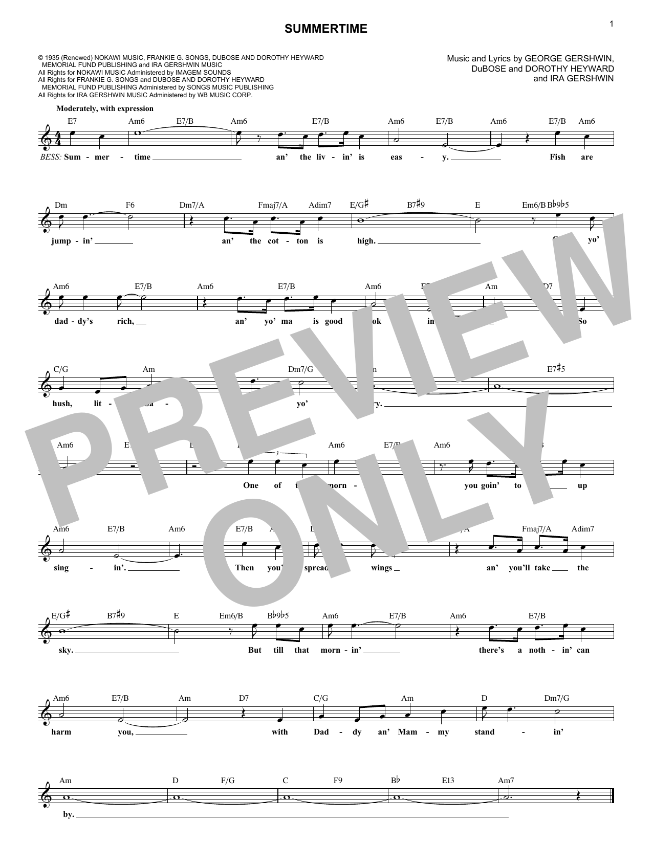 George Gershwin Summertime sheet music notes and chords. Download Printable PDF.