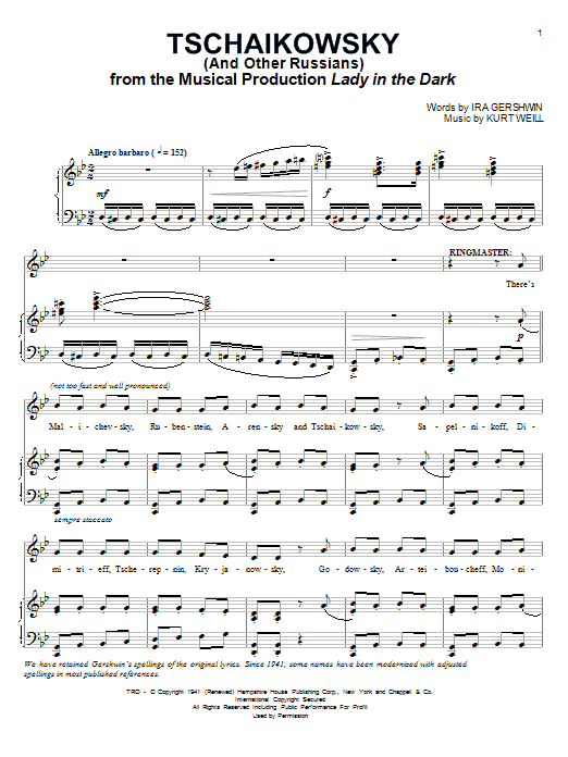 Learn to play Ira Gershwin Tschaikowsky (And Other Russians) sheet music for Piano & Vocal in minutes. Price: 7.8900$ Ira Gershwin Tschaikowsky (And Other Russians) sheet music notes and chords arranged for Piano & Vocal