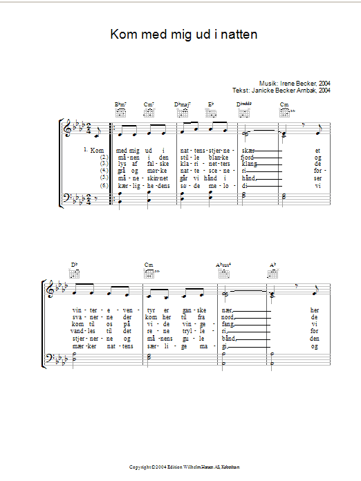 Irene Becker Kom Med Mig Ud I Natten sheet music notes and chords arranged for Piano, Vocal & Guitar Chords