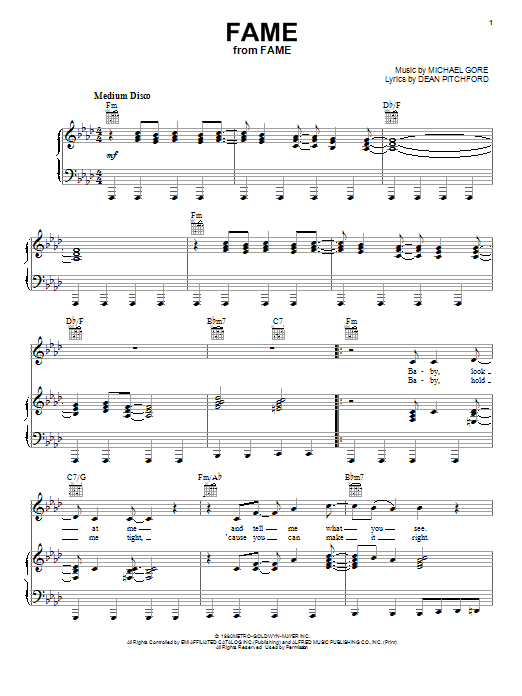 Irene Cara Fame sheet music notes and chords. Download Printable PDF.