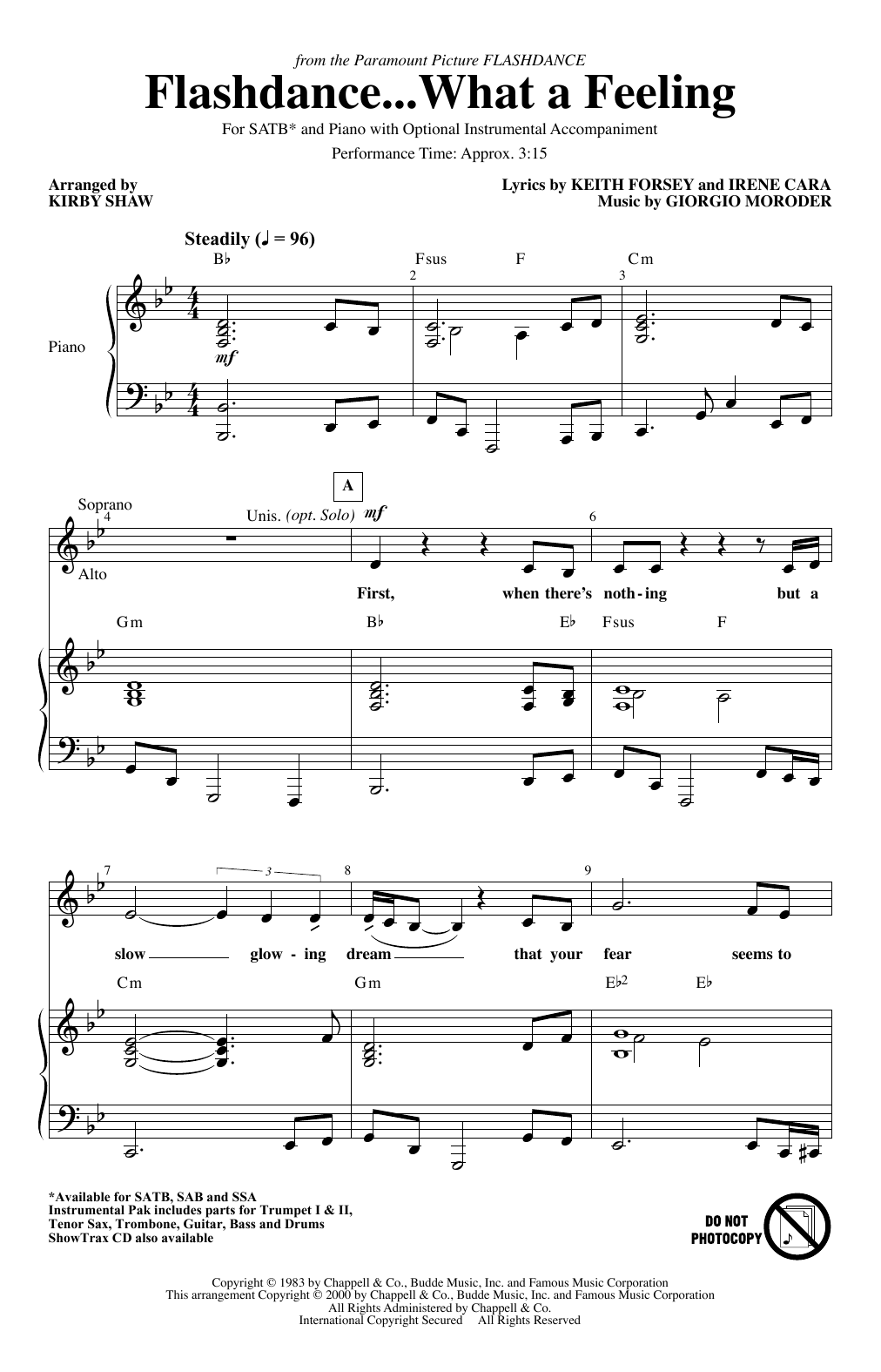 Irene Cara Flashdance...What A Feeling (from Flashdance) (arr. Kirby Shaw) sheet music notes and chords. Download Printable PDF.