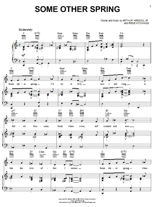 Learn to play Irene Kitchings Some Other Spring sheet music for Piano, Vocal & Guitar Chords (Right-Hand Melody) in minutes. Price: 7.8900$ Irene Kitchings Some Other Spring sheet music notes and chords arranged for Piano, Vocal & Guitar Chords (Right-Hand Melody)