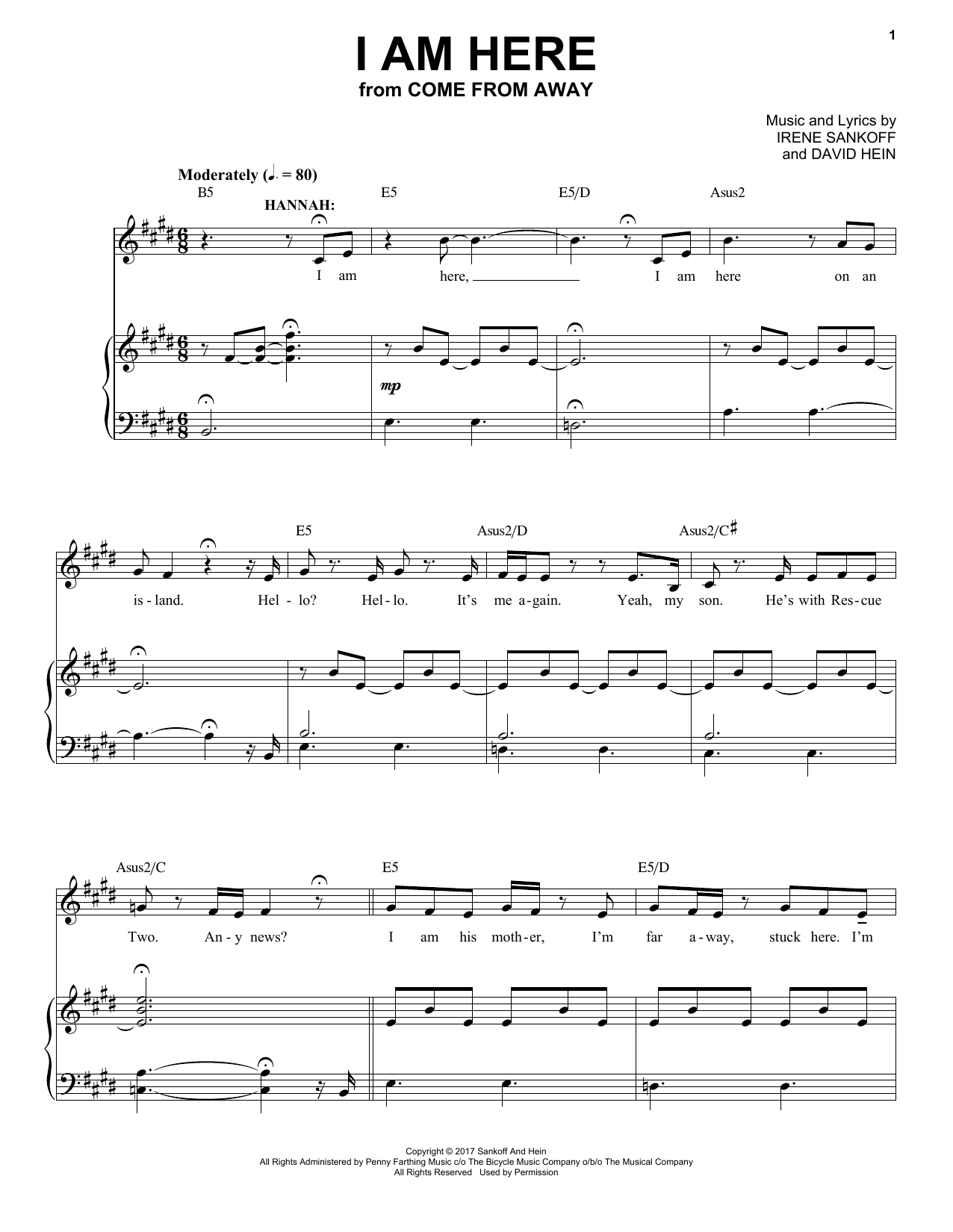 Irene Sankoff & David Hein I Am Here (from Come from Away) sheet music notes and chords. Download Printable PDF.