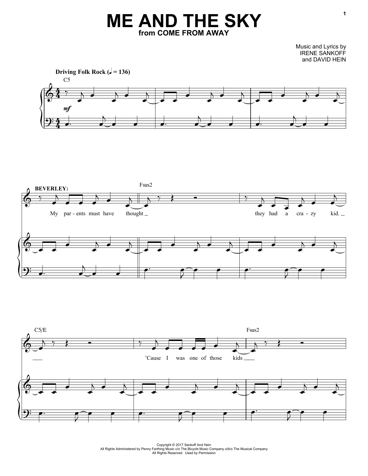 Irene Sankoff & David Hein Me And The Sky (from Come From Away) sheet music notes and chords. Download Printable PDF.