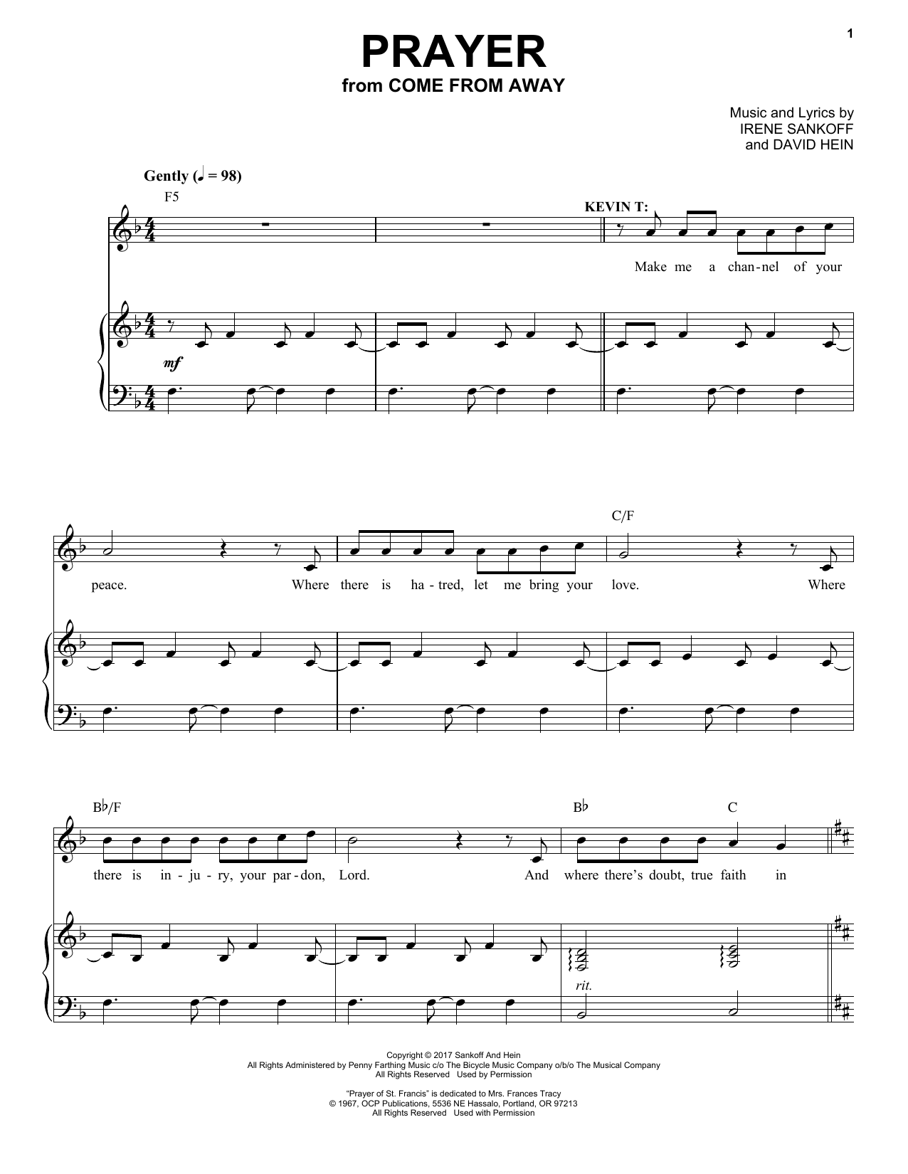 Irene Sankoff & David Hein Prayer (from Come from Away) sheet music notes and chords. Download Printable PDF.