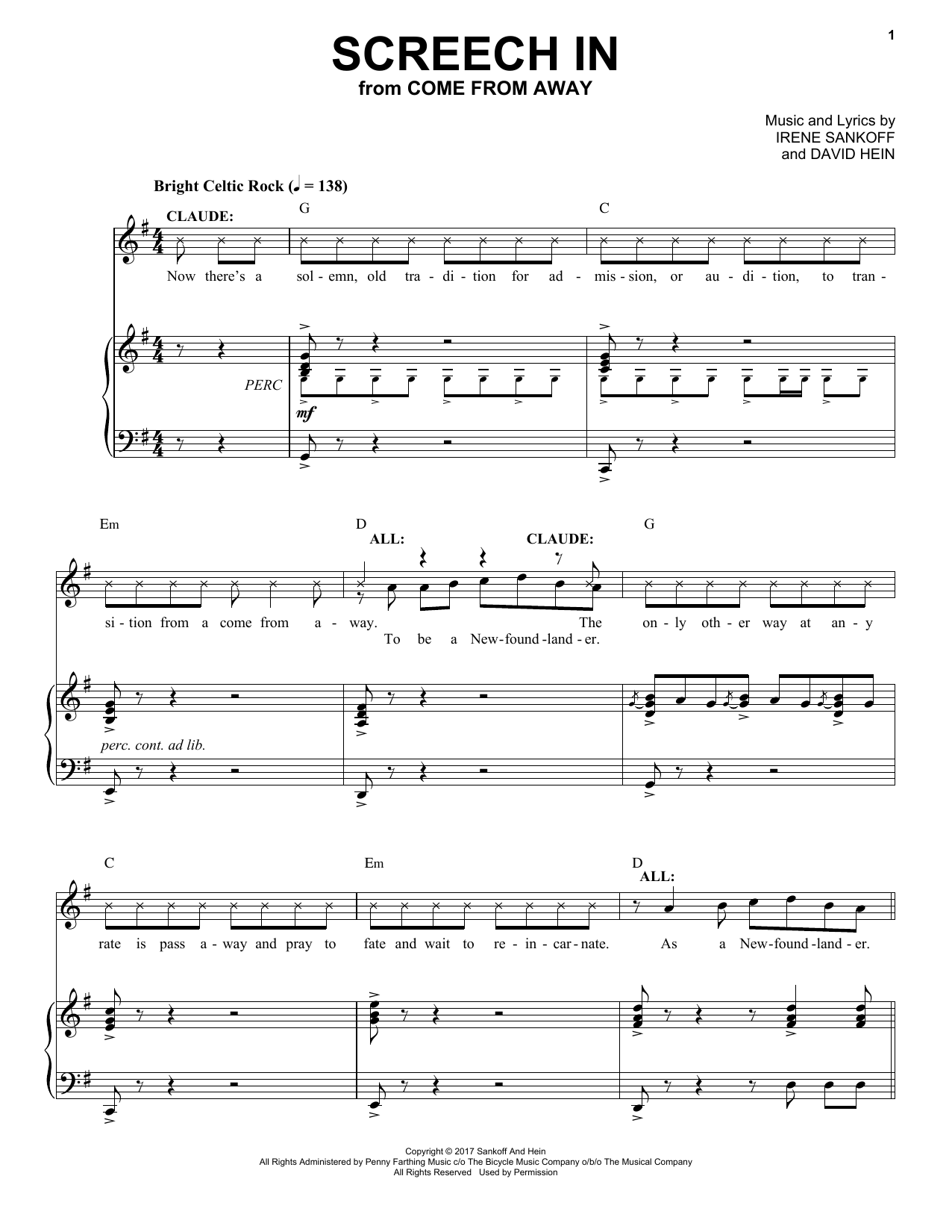 Irene Sankoff & David Hein Screech In (from Come from Away) sheet music notes and chords. Download Printable PDF.