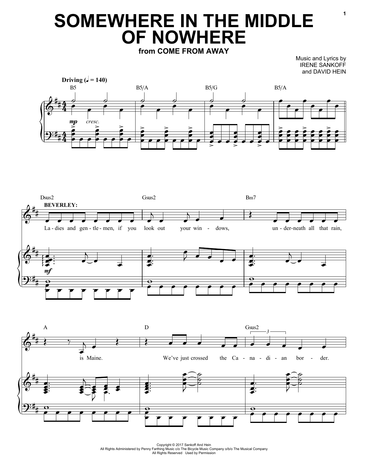 Irene Sankoff & David Hein Somewhere In The Middle Of Nowhere (38 Planes Reprise) (from Come from Away) sheet music notes and chords. Download Printable PDF.