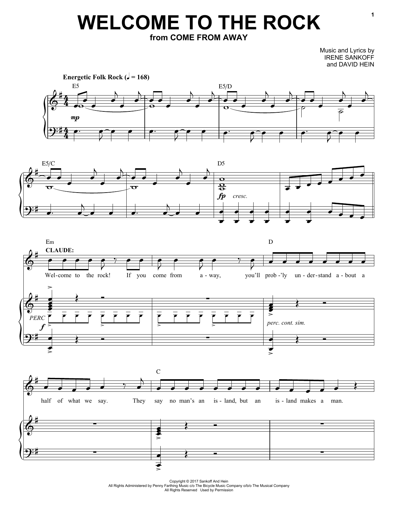 Irene Sankoff & David Hein Welcome To The Rock (from Come from Away) sheet music notes and chords. Download Printable PDF.