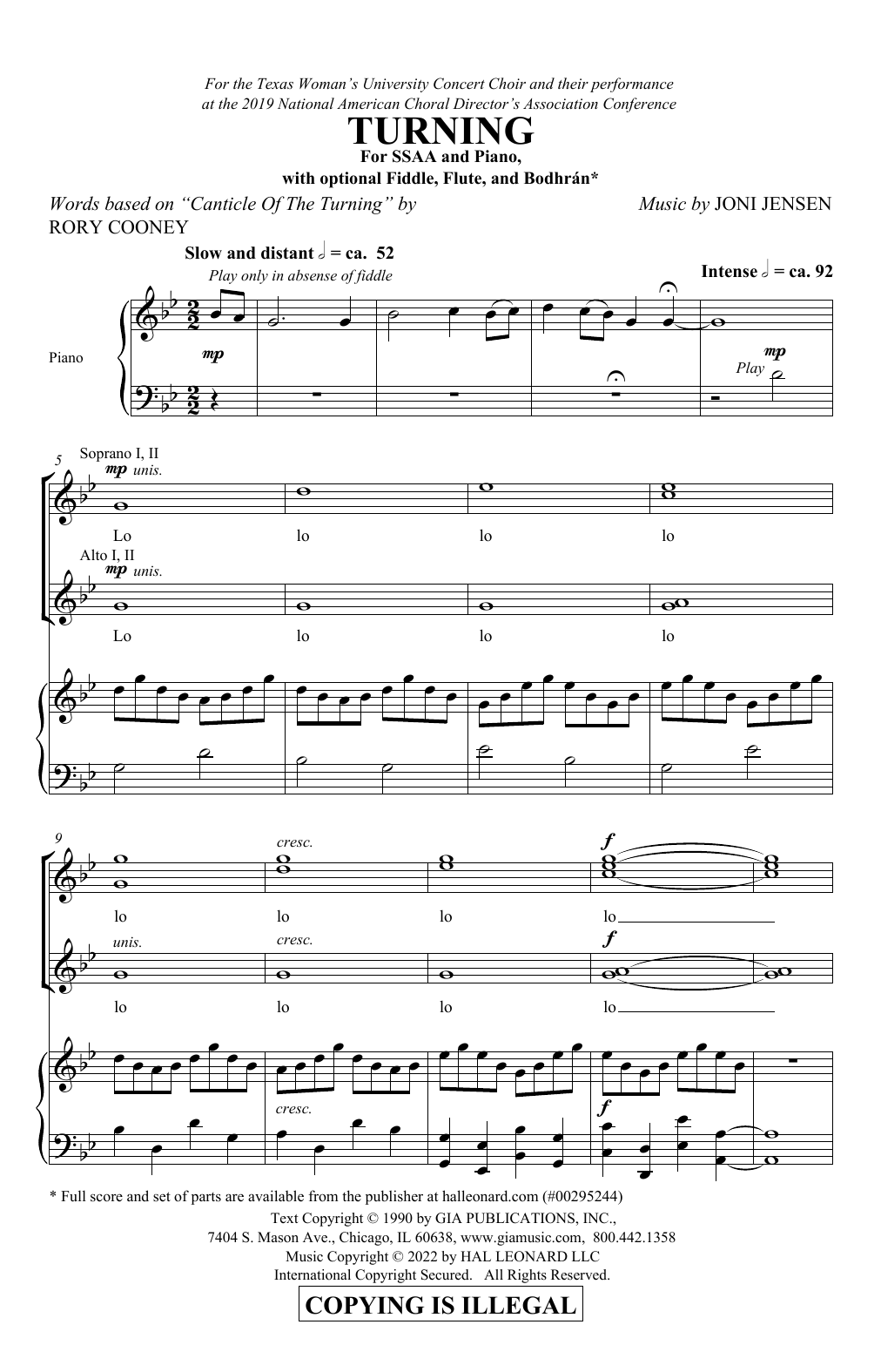 Irish Folk Song Turning (arr. Joni Jenson) sheet music notes and chords arranged for SSAA Choir