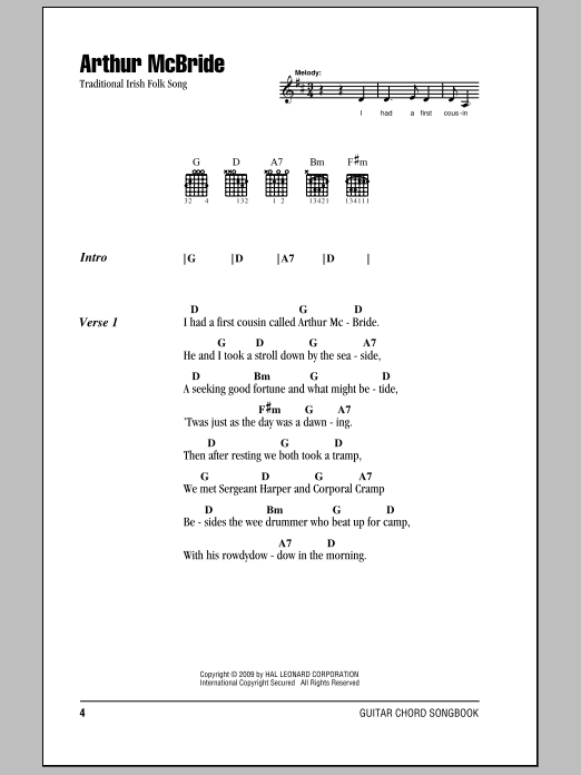 Learn to play Irish Folksong Arthur McBride sheet music for Piano, Vocal & Guitar Chords (Right-Hand Melody) in minutes. Price: 7.8900$ Irish Folksong Arthur McBride sheet music notes and chords arranged for Piano, Vocal & Guitar Chords (Right-Hand Melody)