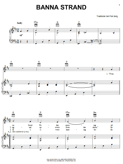 Irish Folksong Banna Strand sheet music notes and chords arranged for Piano, Vocal & Guitar Chords (Right-Hand Melody)