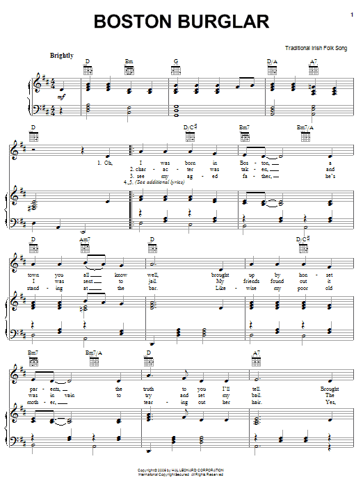 Irish Folksong Boston Burglar sheet music notes and chords. Download Printable PDF.