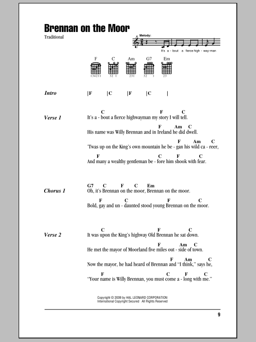 Irish Folksong Brennan On The Moor sheet music notes and chords. Download Printable PDF.