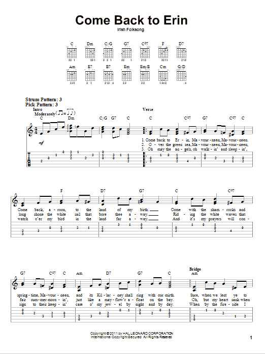 Irish Folksong Come Back To Erin sheet music notes and chords. Download Printable PDF.