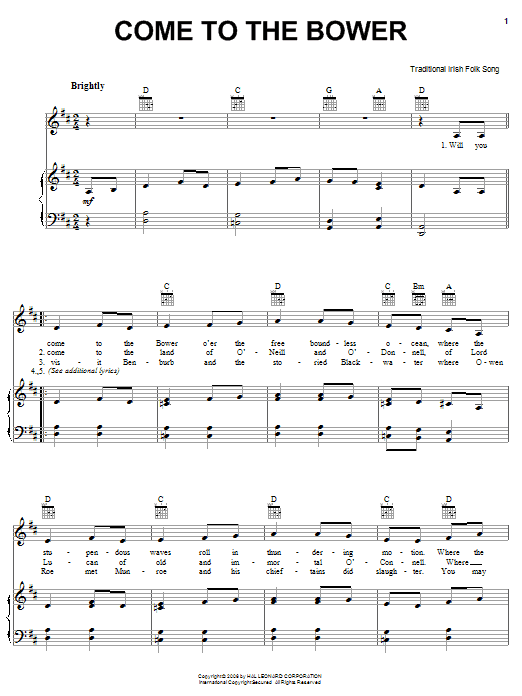 Learn to play Irish Folksong Come To The Bower sheet music for Piano, Vocal & Guitar Chords (Right-Hand Melody) in minutes. Price: 7.8900$ Irish Folksong Come To The Bower sheet music notes and chords arranged for Piano, Vocal & Guitar Chords (Right-Hand Melody)