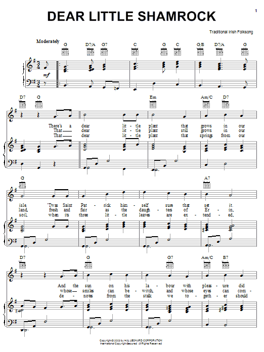 Learn to play Irish Folksong Dear Little Shamrock sheet music for Piano, Vocal & Guitar Chords (Right-Hand Melody) in minutes. Price: 7.8900$ Irish Folksong Dear Little Shamrock sheet music notes and chords arranged for Piano, Vocal & Guitar Chords (Right-Hand Melody)