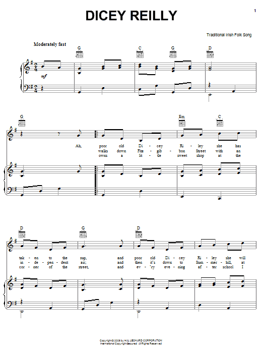 Learn to play Irish Folksong Dicey Reilly sheet music for Piano, Vocal & Guitar Chords (Right-Hand Melody) in minutes. Price: 7.8900$ Irish Folksong Dicey Reilly sheet music notes and chords arranged for Piano, Vocal & Guitar Chords (Right-Hand Melody)