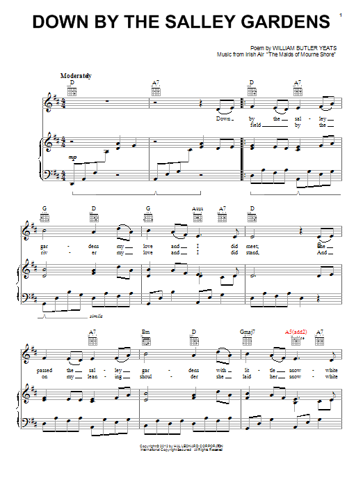 Irish Folksong Down By The Sally Gardens sheet music notes and chords. Download Printable PDF.