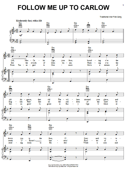 Learn to play Irish Folksong Follow Me Up To Carlow sheet music for Piano, Vocal & Guitar Chords (Right-Hand Melody) in minutes. Price: 7.8900$ Irish Folksong Follow Me Up To Carlow sheet music notes and chords arranged for Piano, Vocal & Guitar Chords (Right-Hand Melody)