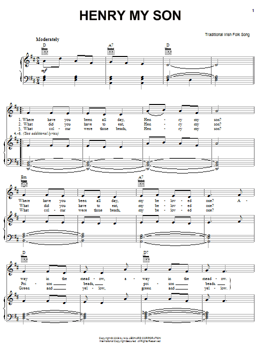 Learn to play Irish Folksong Henry My Son sheet music for Piano, Vocal & Guitar Chords (Right-Hand Melody) in minutes. Price: 7.8900$ Irish Folksong Henry My Son sheet music notes and chords arranged for Piano, Vocal & Guitar Chords (Right-Hand Melody)