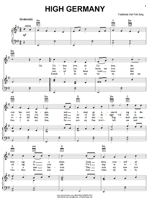 Learn to play Irish Folksong High Germany sheet music for Piano, Vocal & Guitar Chords (Right-Hand Melody) in minutes. Price: 7.8900$ Irish Folksong High Germany sheet music notes and chords arranged for Piano, Vocal & Guitar Chords (Right-Hand Melody)