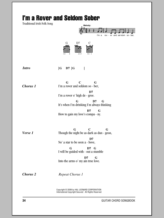 Irish Folksong I'm A Rover And Seldom Sober sheet music notes and chords. Download Printable PDF.