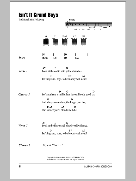 Irish Folksong Isn't It Grand Boys sheet music notes and chords. Download Printable PDF.